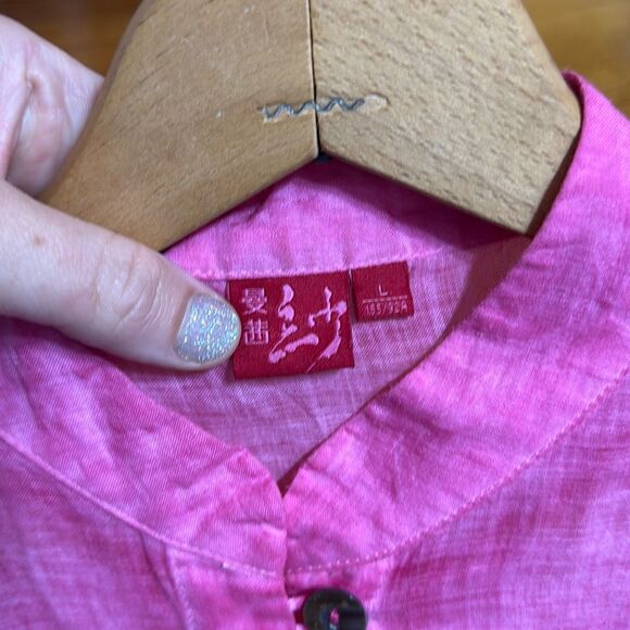 Pink Mandarin Collar Semi Sheer Button Down Cover Up Women’s Large - Picture 5 of 9